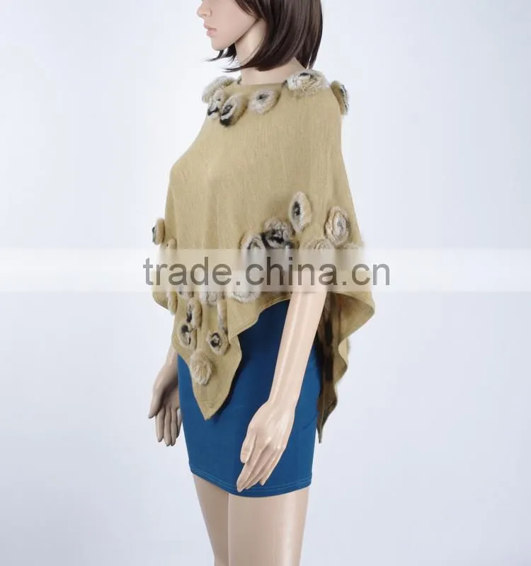Ladies wool knitting cape with rabbit small flowers,KZ150018