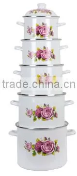 Best Quality Pink Floral Print Healthy White Enamel Cookware Set Kitchenware Two Side Elegant Flower Decal Enamel Pot 5 Pcs Set