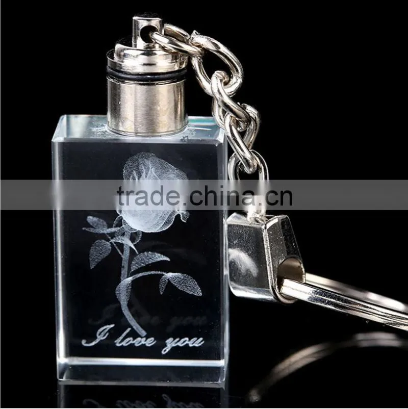 Beautiful 3D laser rose crystal keychain with led light for wedding gift