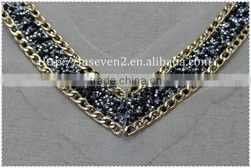 Women fashion gold metal chain hot fix collar hot fix black rhinestone necklace