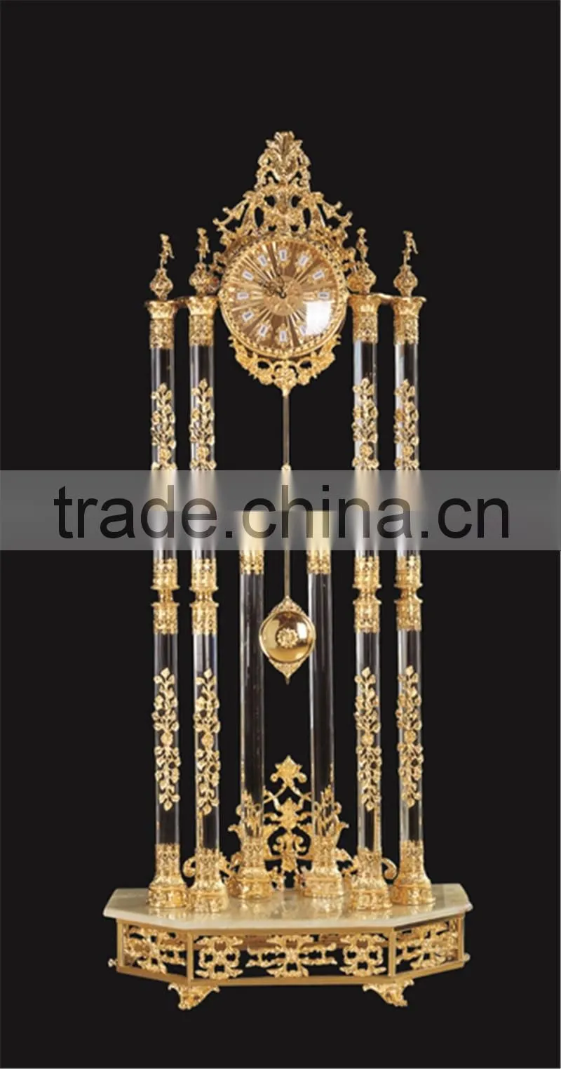 Luxury Italy Style Antique 24K Gold Plated Bronze Mounted Floor Clock, Decorated Pendulum Clock, Crystal & Marble Clock