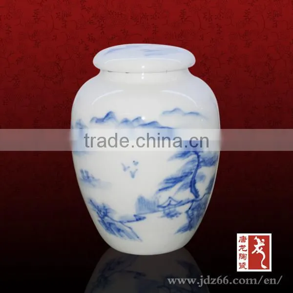Round style excellent quality blue and white porcelain tea tin canisters with hand painting child made in China