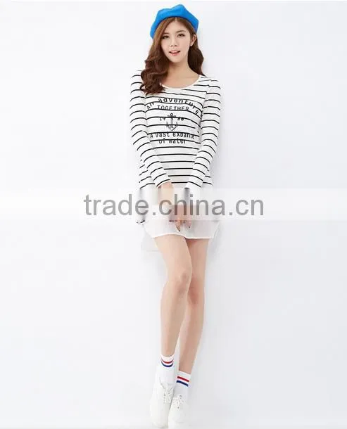 For women this white collar and body text printed chiffon stitching knitted stripes long-sleeved dress