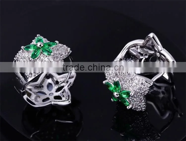 New White Gold Green Color CZ Stones Star Charm Pendant Jewelry Necklace Set