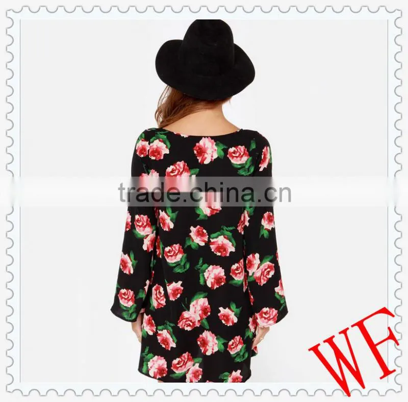 Wholesale 2014 women clothing Casual Rose long sleeves loose chiffon dress