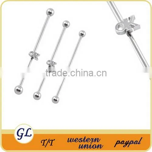 Silver color long industrial barbell piercing with lady logo