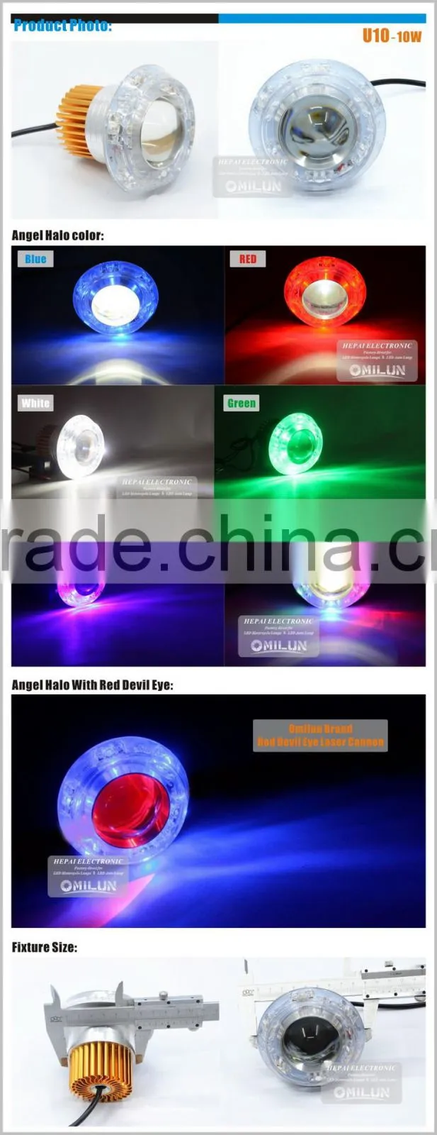 U10 12-80V 10W 1500lm LED Motor Van Driving Headlight lamp with Red Devil Eye