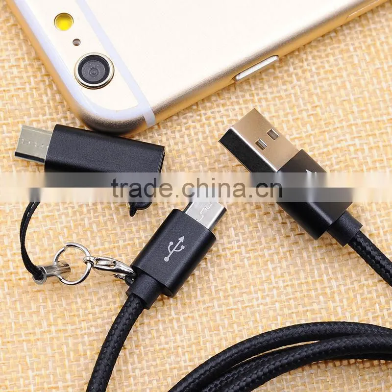 wholesale braided 2 in 1 mobile cable for iphone and samsung usb cable