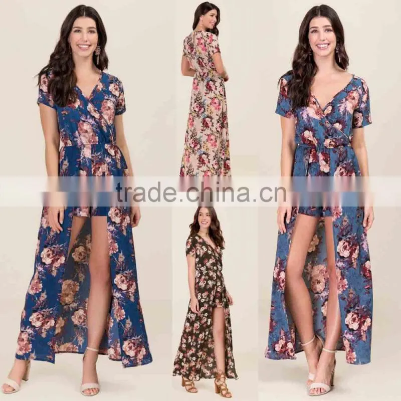 Custom Private Label Fashion Summer Western American Style Adult Woman Floral Print Chiffon Long Skirted Romper