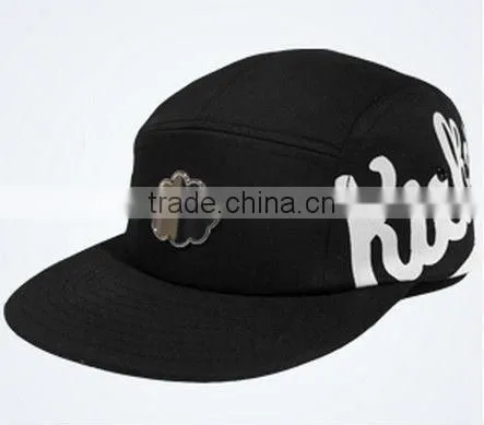 Long bill black hat with metal plate custom 5 panel adjustable cap