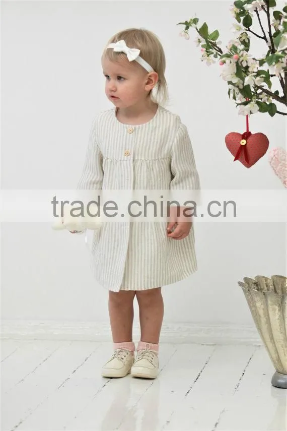 New design long sleeve stripe casual linen baby girl kids frock summer dress