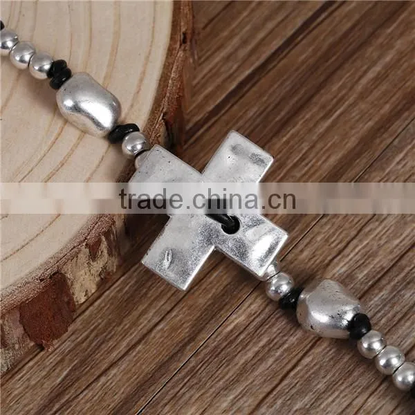 Wax Rope Hand Made Beaded Bracelets Antique Silver Black Cross Round 21cm long