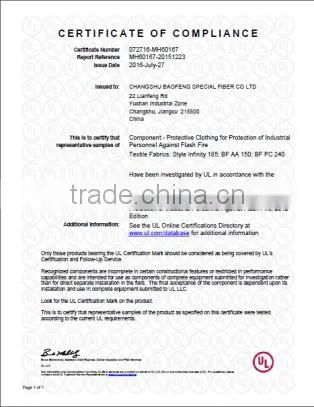 UL NFPA2112 certified IIIA fabric for military pilot suits