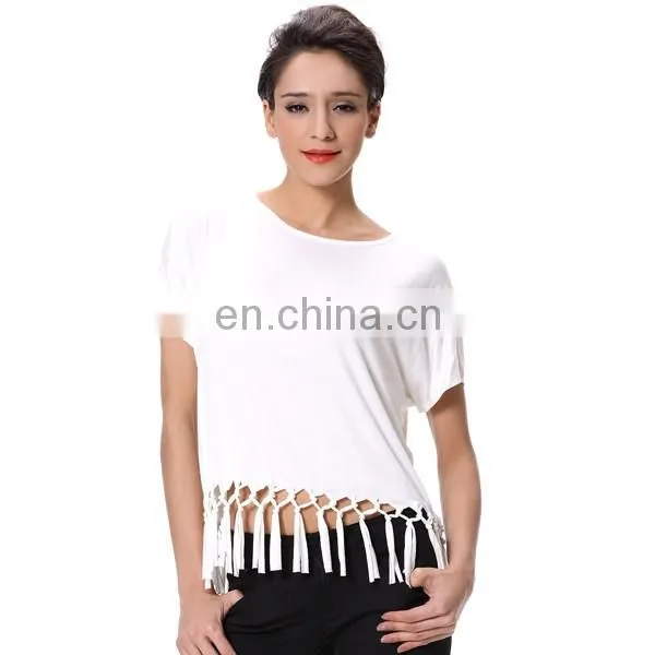 Tassel Design Short Sleeve Women Fashion Garment White Tops