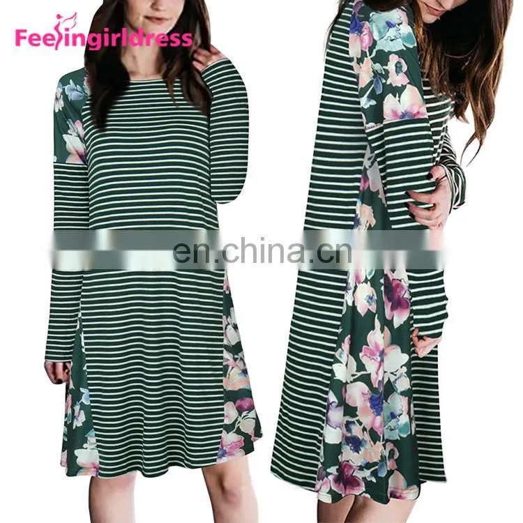 Autumn Latest Design Printing Floral Green Long Sleeve Casual Loose T-Shirt Dress