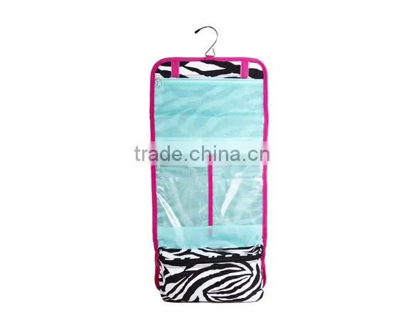 Large zebra hot pink cosmetic bag with tri-fold two snaps closure