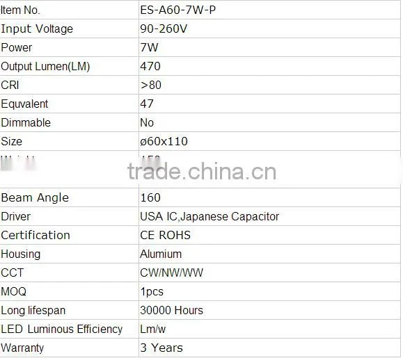 A60 7W 90-260V e27 Aluminum LED Bulb