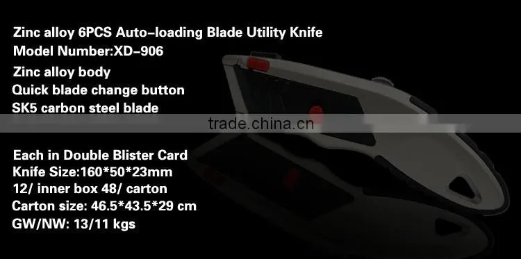 6PCS Auto Loading Trapezoid blade Zinc alloy Utility Knife