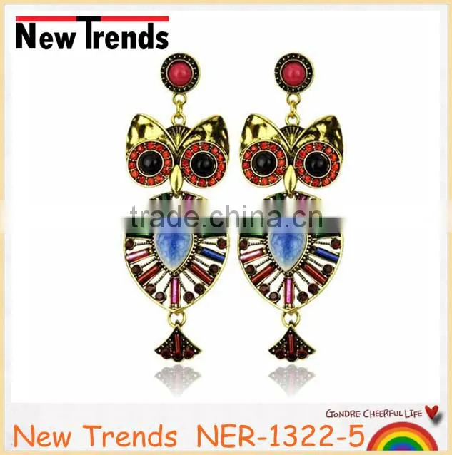 Wedding accessories alloy plated rhinestone chandelier owl earring