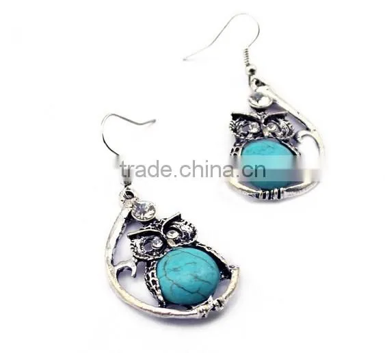 New Arrival Fashion Bohemia owl Silver Plated Turquoise Pendant Alloy Earrings