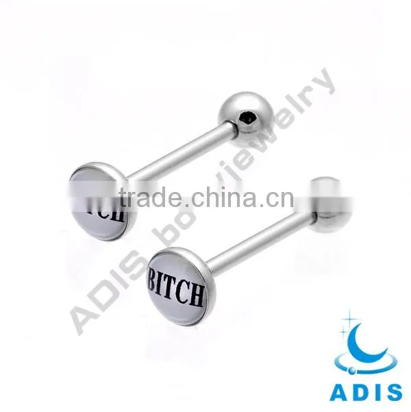 High polished surgical stainless steel tongue barbell with expoxied words logo