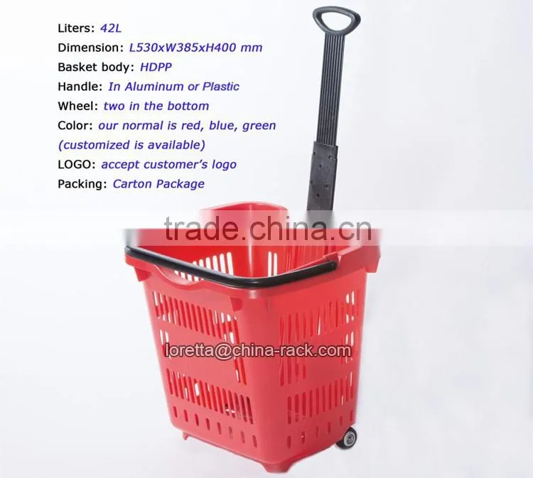 Supermarket Collapsible with Handle and Wheels Rolling Shopping Basket