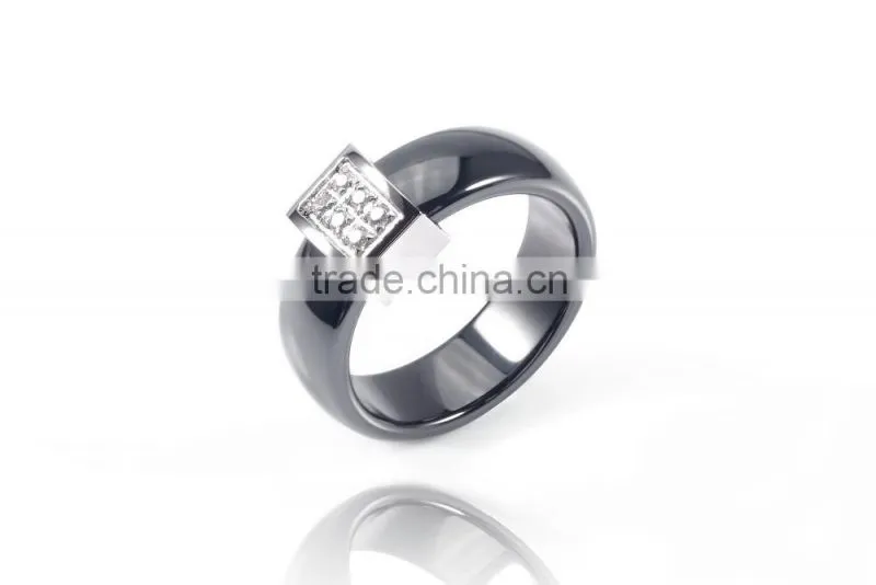 Wholesale stainless steel micro-setting cz diamond black color women and men's ceramic ring jewelry