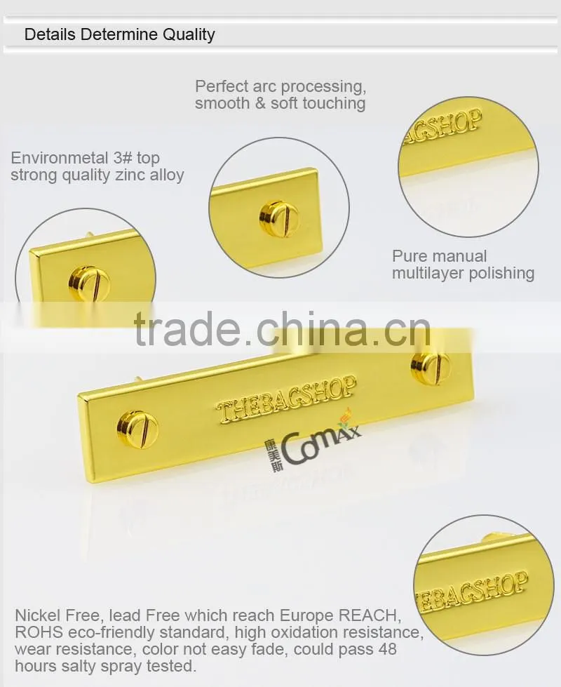 Fashion screw decorative gold metal bag engaved logo label tag