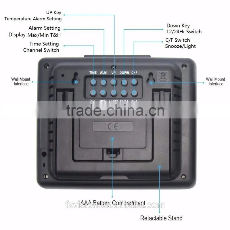 Automatic RCC weather station clock with blue backlight,Thermo-hygrometer Digital Weather Station Clock with 2 Sensors