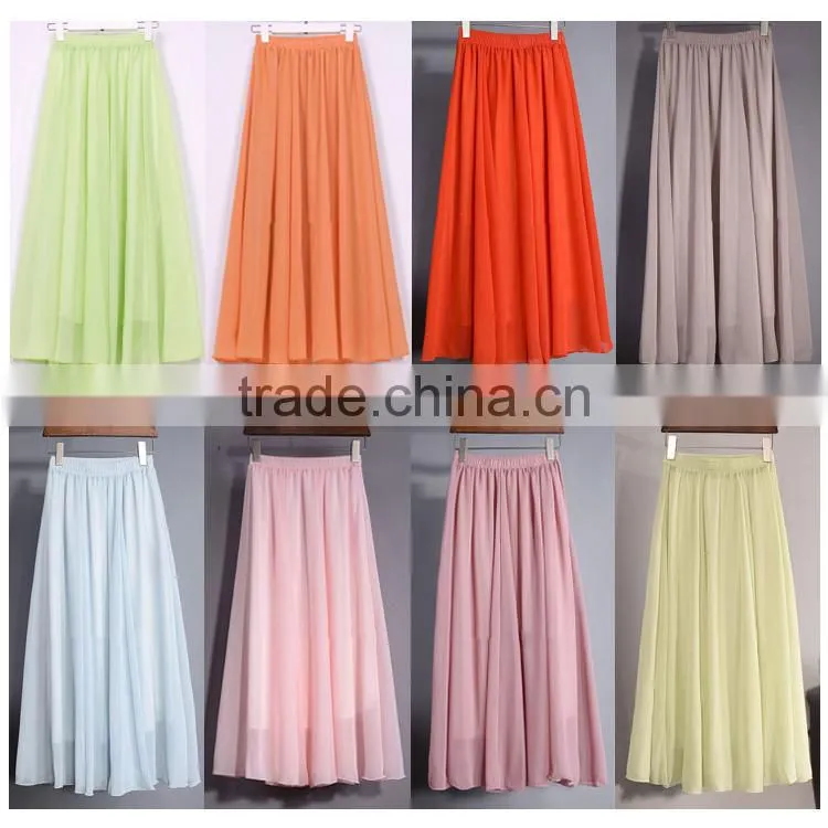 Latest fashion new women sexy plain color high waist chiffon maxi skirt