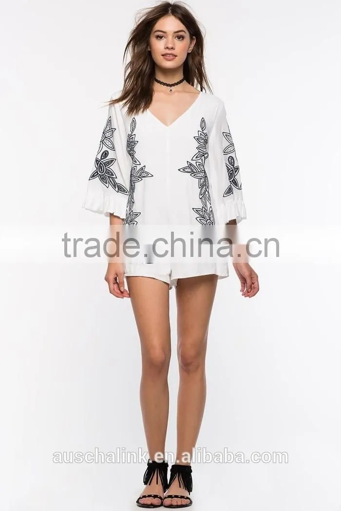 new style girls white bold embroidered floral cheap romper