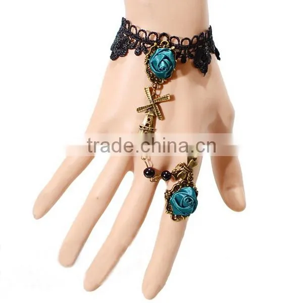 Chiffon lace macrame bracelet with ring set flower charm diamond jewelry set for women