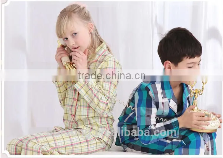 2015 top fashion 100% cotton home Lattice sleepwear spring summer long sleeve Turn-down Collar kids pajamas
