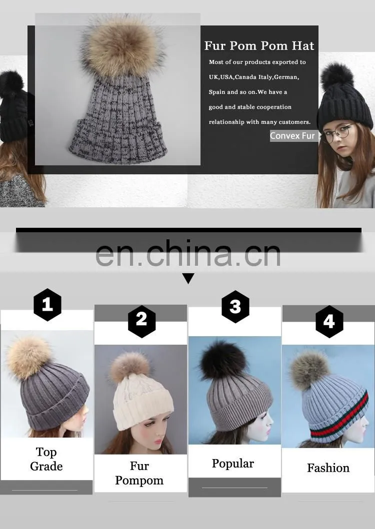 Winter lady knit beanie hat with real raccoon fur ball