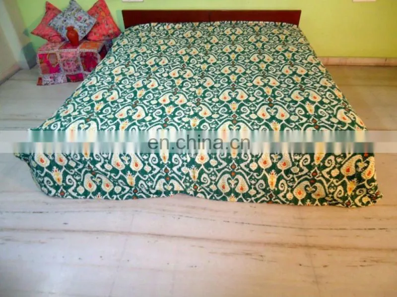 Ikat Kantha Quilt Green Kantha Quilt Ikat Quilt Indian Ikat Blanket Bedspread