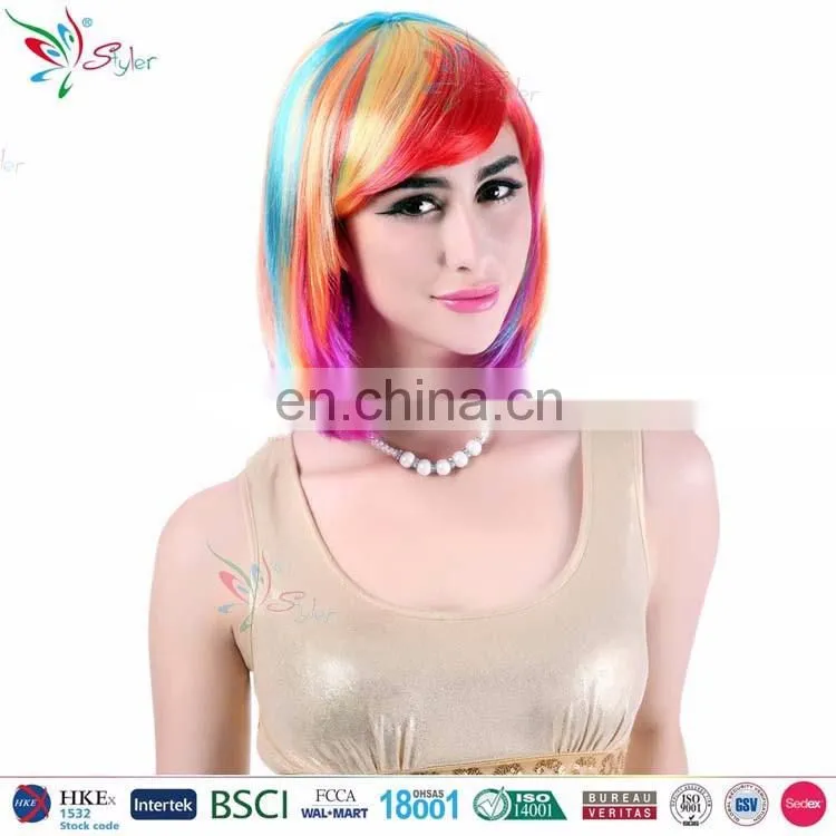 wholesale popular rainbow synthetic hair wig sexy bob short hair fashion wig