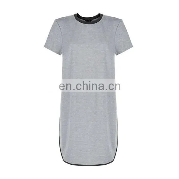 Latest Grey Contrast Trim T-Shirt Dress Short Sleeve Fashion Women Long T-shirt