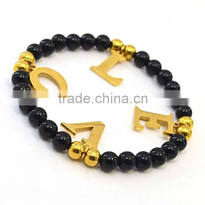 Custom fashion bracelet with 26 letter pendant choose black bead bracelet