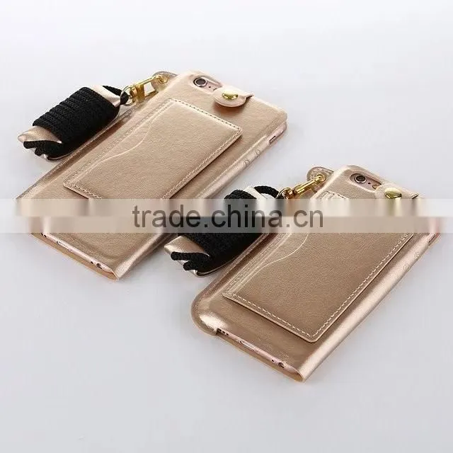 Luxury metal pu leather case with card slot for iphone 6/6s 4.7 Thin holder full back cover with string for iphone 6/6s 4.7