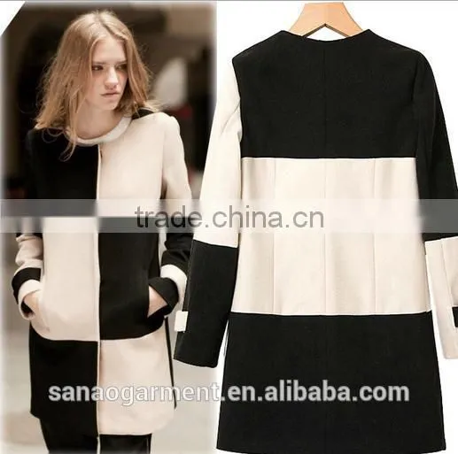 2015 European style women's contrast color grid woolen coat