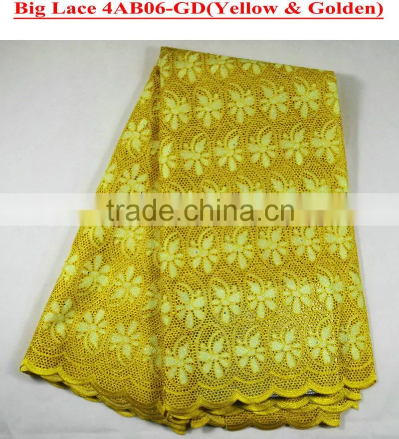 2015 latest designs in nigeria cotton lace fabric with flower & rhinestones for wedding dress