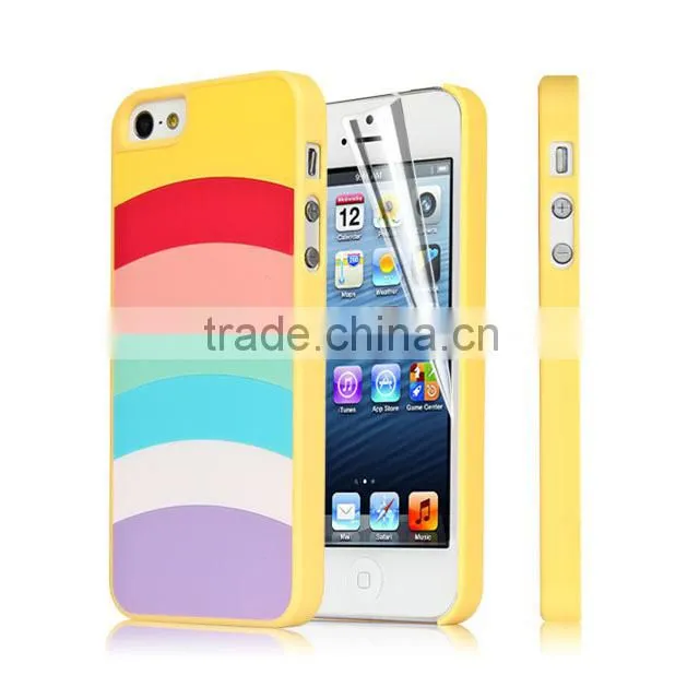 Set Screen Protector And Case For Iphone 5 , Hard Plastic Pink Colorful Stripes Custom Case