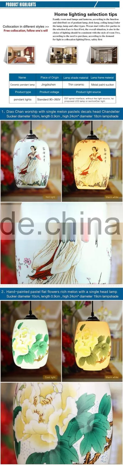 Chinese style ceramic hanging pendant led decorative fancy light