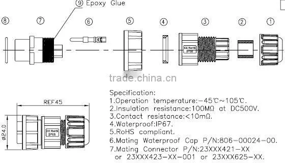 Middle 9pin waterproof connector, IP67 electronic calbe connector, Chogori connector