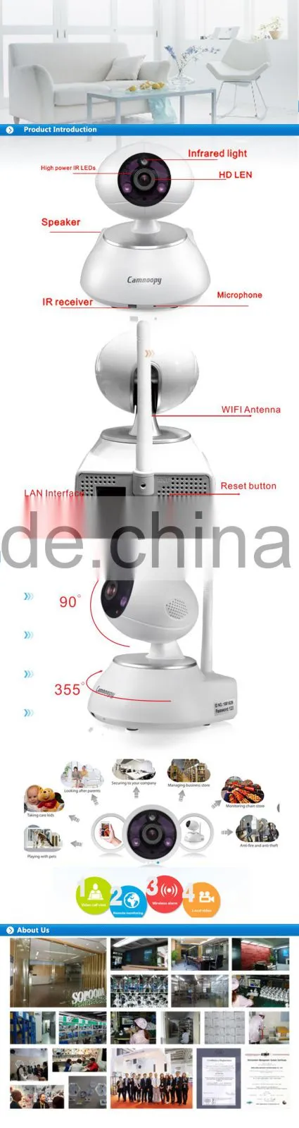 Camnoopy Onvif H.264 PT 720p pan&tilt Wireless PT ip camera Two-way audio 128GB SD card Max 64ch wireless alarm sensor