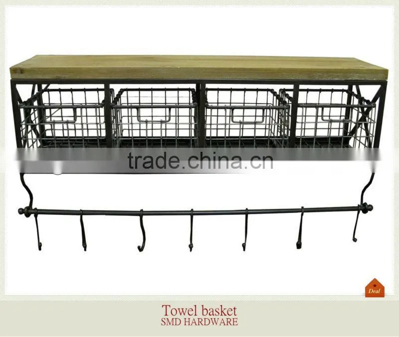 Black Metal & Wood Shelf with Baskets & 7-Hooks