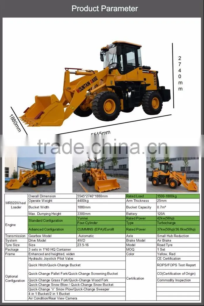 1.5 ton garden trucking mini wheel loader with CE