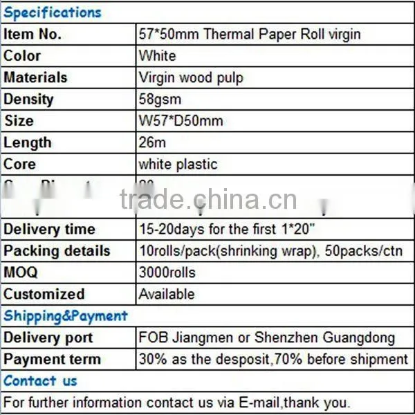 MSDS bulk 57x50mm recycle thermal paper roll for cash register paper
