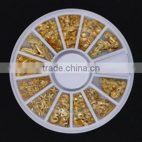 12 lattice Gold Sea Horse Shell 3D Metal Nail Art Tips Metallic Studs Stickers Decor