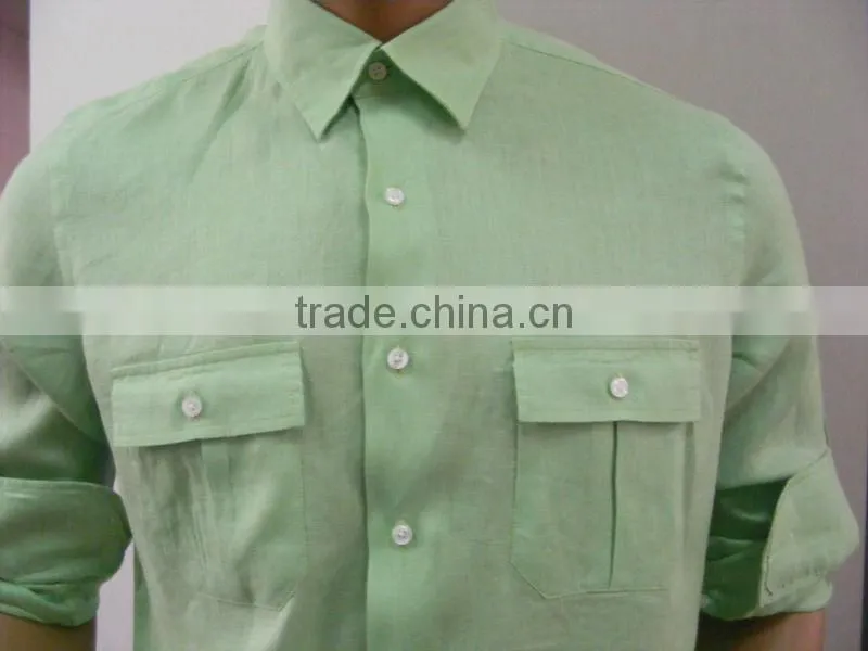 2016 men's green linen shirt with two chest pocket